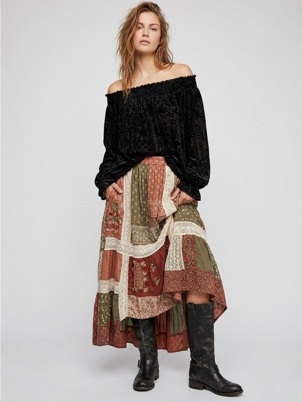 Free People Off-Shoulders A Little Twist Top In Velvet Black Size S